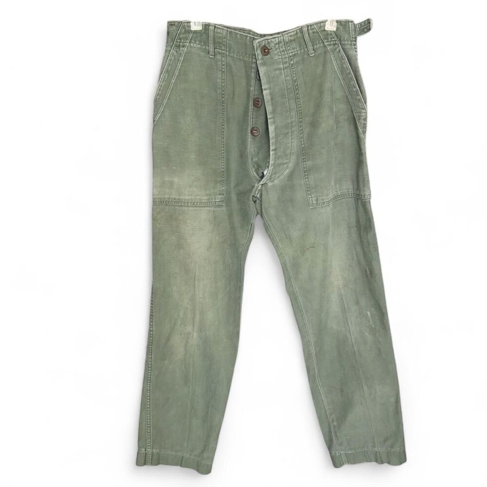 Vintage US Army OG-107 Cotton Sateen Utility Baker Pants Distressed  size 28"